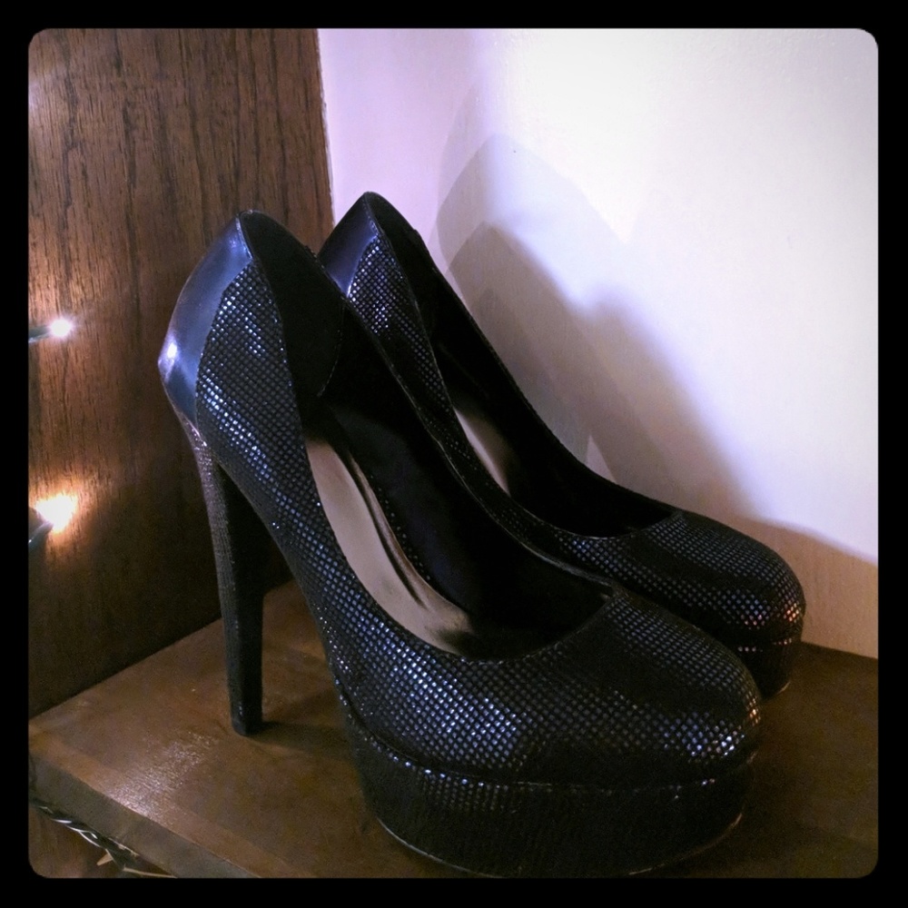 Sparkly stacked blue heels